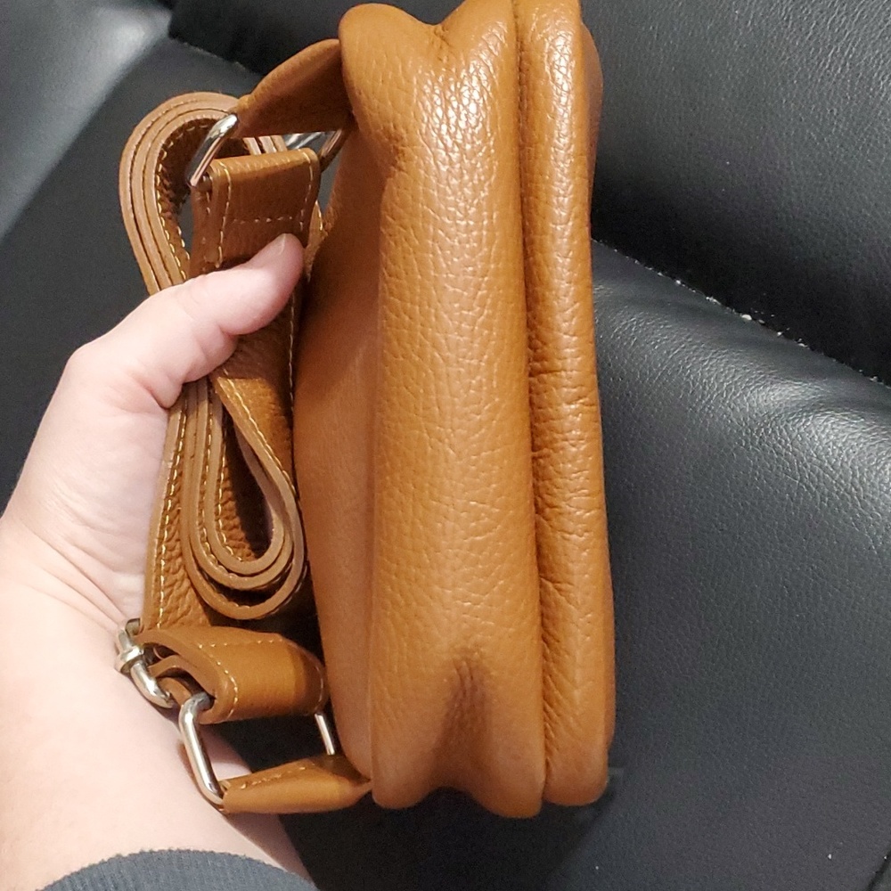 STELLA BIANCA Cuoio tan Made In Italy Leather Double Pocket Sling Belt bag - Picture 8 of 9